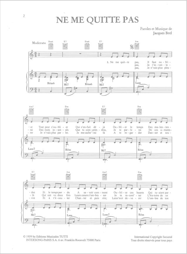 Jacques Brel The Greatest Songs 26 Success Partition Di Arezzo Com