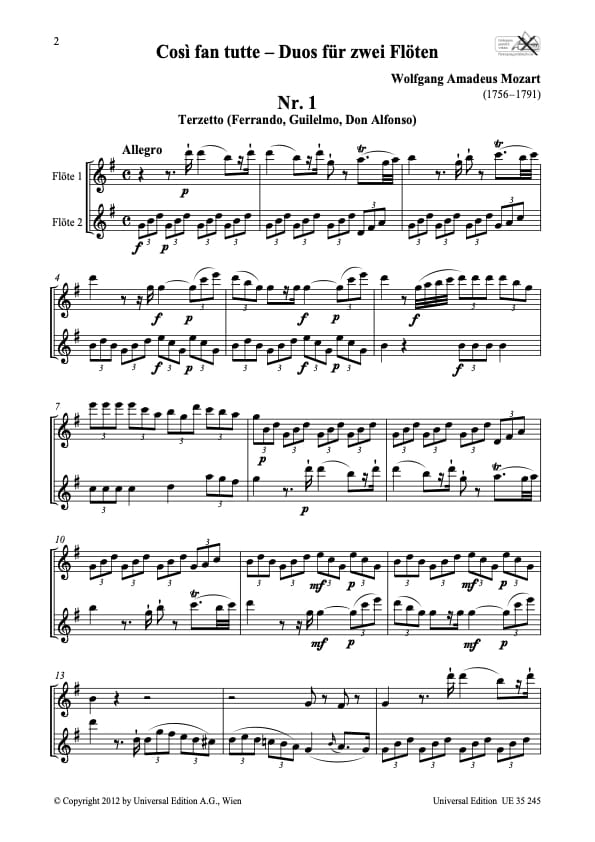 Cosi Fan Tutte Pour Deux Flutes Mozart Laflutedepan Com